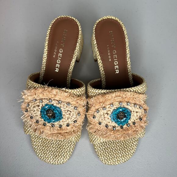 Kurt Geiger Heel Evil Eye Raffia Block Heel Slide Sandals Size 37/US 7 - Picture 3 of 9
